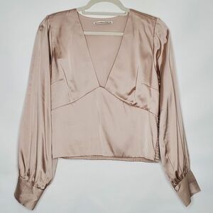 Abercrombie & Fitch Satin V-neck Blouse Rose Gold Long Sleeve Going Out Top NEW